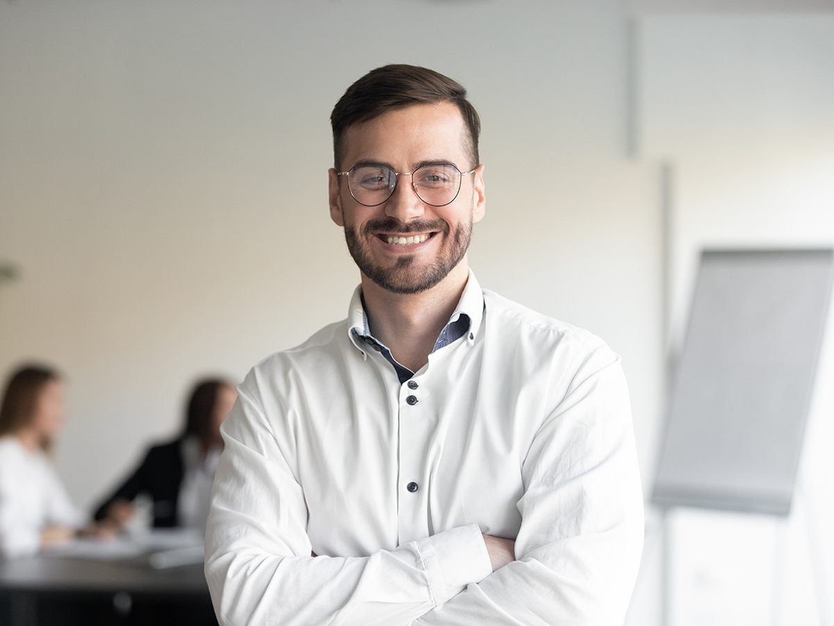 Confident,Smiling,Business,Man,Professional,Coach,Wear,Glasses,Stand,Arms